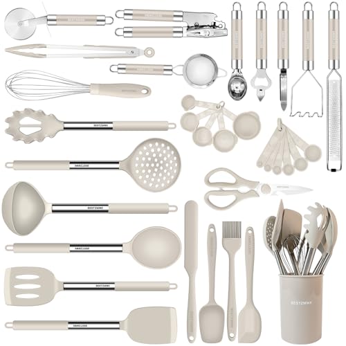 Kitchen Utensils Set-Silicone Cooking Utensils-32pcs Non-Stick Silicone Cooking Kitchen Utensils Spatula Set with Holder-Best Kitchen Cookware with Stainless Steel Handle (Khaki)