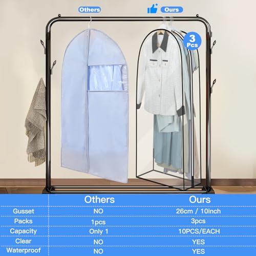 40" Clear Garment Bag - 3 Pack 10” Gusseted Suit Bags For Closet Storage Hanging Clothes Shirts, Coats, Dresses