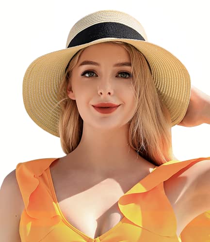 Beach Sun Hats for Women, Wide Brim Straw Hats with Adjustable Band, UPF 50+ Summer Foldable Roll up Hat