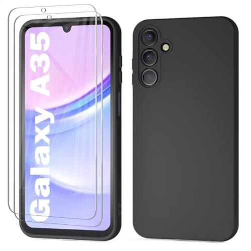 KSWOUS for Samsung Galaxy A35 5G Case with 2 Pack Screen Protector, Liquid Silicone with Soft Anti-Scratch Microfiber Lining Shockproof Protective Cover for Galaxy A35 5G Silicone Phone Case Black