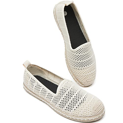 BABUDOG Women's Breathable Mesh Flats Shoes, Soft Loafers Flats, White Slip on Shoes Loafers(Beige.US6)