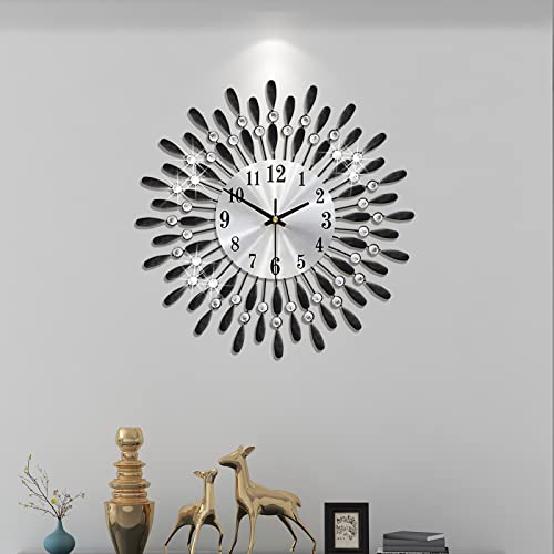 YIJIDECOR Wall Clocks for Living Room Decor Large Wall Clocks Battery Operated Silent Non-Ticking for Bedroom Kitchen Office Home Decorative 14 Inches Small Round Metal Black Crystal Wall Watch Clock