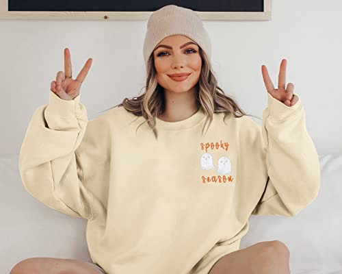 LOTUCY Oversize Halloween Sweatshirt Women Cute Spooky Season Sweatshirts Ghost Fall Embroidered Sweater Pullover Top