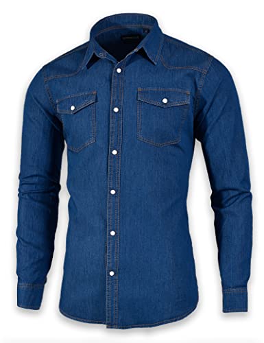 SEVEN EAGLE Men's Long Sleeve Double Pocket Snap Demin Shirt (Small, Blue)