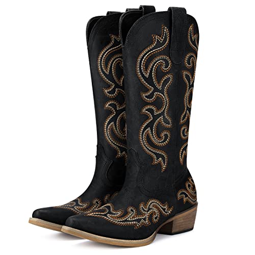 HISEA Rollda Cowboy Boots for Women Western Cowgirl Boots with Chunky Heel Ladies Snip Toe Mid-Calf Boots Black Size 6