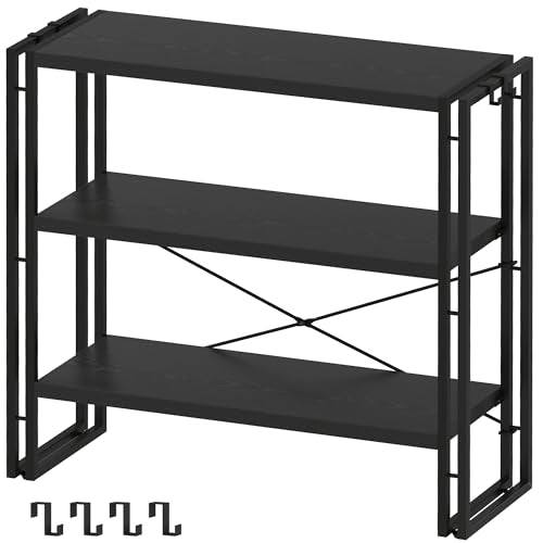 HCHQHS Bookshelf, 3-Tier Industrial Bookcase, Black Open Book Shelf, Freestanding Horizontal Bookshelves with Metal Frame