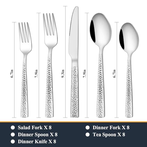 Paincco Hammered Silverware Set, 40-Piece Stainless Steel Square Flatware Set for 8, Tableware Cutlery Set, Utensil Set for Home Restaurant, Includes Fork Knife Spoon, Modern Design, Dishwasher Safe