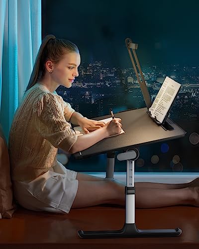 Laptop Bed Tray Desk with LED Desk Light, SAIJI Adjustable Laptop Stand for Bed, XX-Large PVC Leather Foldable Laptop Table with Book Stand,Wrist Rest, Extra Leg Room(Black)