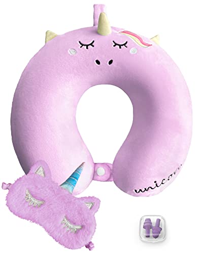 urnexttour Travel Neck Pillow for Kids, Best Unicorn Gifts for Girls with Drawstring Backpack/Necklace/Sleep Mask &Earplugs, Travelling Pillow Set for Airplane, Car, Train, Bus and Home Use (Pink)