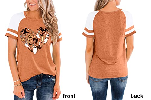 Halloween Shirts Women Hocus Pocus Shirt Funny Pumpkin Heart Graphic Tees Boo Short Sleeve Fall Tops（Orange2,Medium）