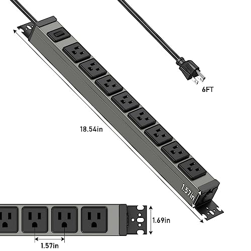 JUNNUJ Heavy Duty Power Strip Wall Mount, 15 Amp Surge Protector 1200J Metal 8 Outlet Under Desk Mounted 15A, Garage Power Bar Table Socket Industrial Outlets, 6FT 14AWG Extension Cord