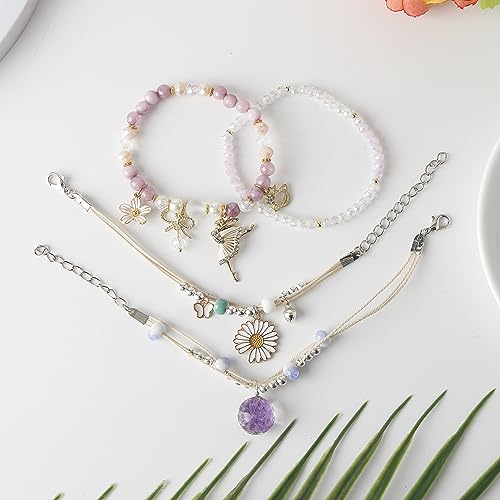 DS Beaded Charm Bracelets for Teen Girls Cute Cartoon 4 PCS Crystal Beads Pearl anime Bracelets for woman girls Adjustable Stretch bracelet anklets birthday Gift For daughter Friends-Purple Dolphin