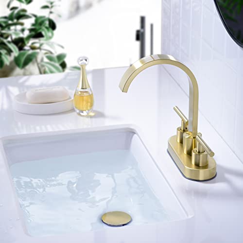 DIKUROOMS 4 Inch Centerset Bathroom Sink Faucet 2 Handle Vanity Basin Faucets with Overflow Pop-up Drain Assembly and cUPC Water Supply Lines, 360 Degree Swivel Square Spout, Brushed Gold