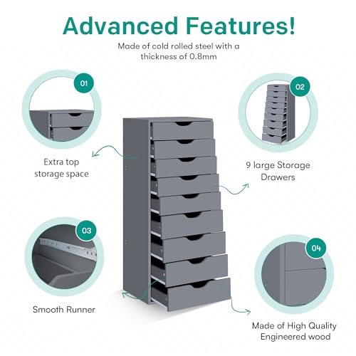 Naomi Home Bianca 9 Drawer Chest, Wood Storage Dresser Cabinet, Large Storage Organizer Makeup Drawer for Closet, Bedroom, 200 lbs Total Capacity - Gray