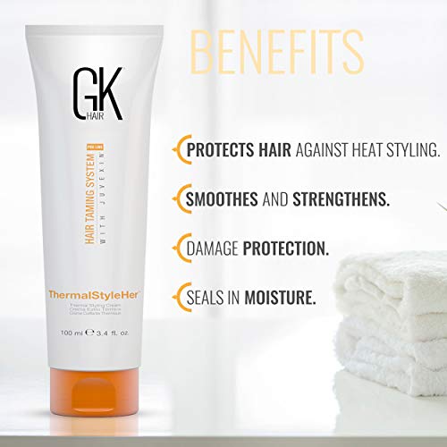 GK HAIR Global Keratin ThermalStyleHer Hair Cream (3.4 Fl Oz/100ml) - Thermal Styling Blow Dry Heat Protectant Cream - Anti Frizz Damage Protection Styling Cream for All Hair Types