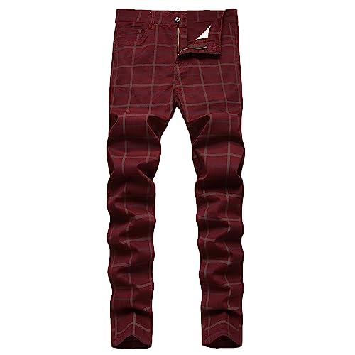 YIHUILONG Plaid Pants for Men, Stretch Mens Slim Fit Dress Pants Skinny Flat-Front Fashion Business Casual Chinos Pants Yellow T31 30