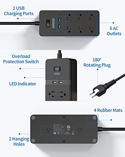 2 Prong Surge Protector Power Strip with 10ft Extension Cord, NTONPOWER 2 Prong to 3 Prong Outlet Adapter with 6 Outlets 2 USB Ports, 2100J Surge Protector Wall Mount for Old House Non-Grounded Outlet