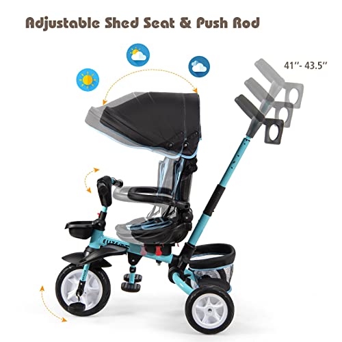 BABY JOY Tricycle, 7 in 1 Folding Toddler Bike w/Removable Push Handle, Rotatable Seat, Adjustable Canopy, Safety Harness, Storage, Cup Holder, Trike for 1-5 Year Old, Tricycle for Toddlers (Blue)