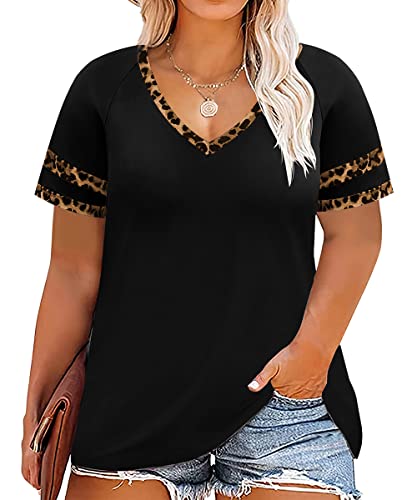 TIYOMI Plus Size Tops for Women Sexy Henley V Neck T Shirts Summer Casual Short Sleeve Tunic Blouses Green Camo Print Pink Color Block Tees Outwear