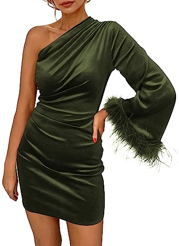 PRETTYGARDEN Women's Fall Long Sleeve Velvet Dress One Shoulder Mini Bodycon Wedding Guest Party Dresses (Army Green,Small)