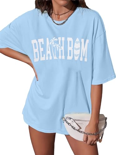 Salty Beach Oversized Graphic Tees: Womens Summer Beach Tshirts Hawaii Shirt Casual Short Sleeve Tops Dark Blue