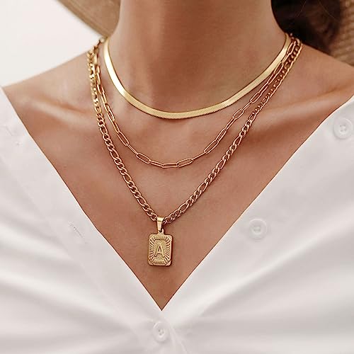 Honsny 3 PCS Gold Layered Necklace Set for Women Gold Filled Dainty Paperclip Snake Choker Figaro Chain Layering Necklaces Jewelry Gifts Square Pendant Letter A-Z