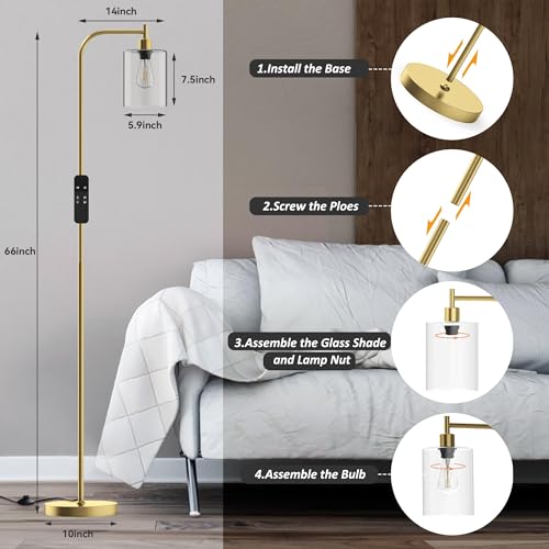 PAZZO LED Floor Lamp, Industrial Standing Lamp with Glass Lampshade, Ideal for Living Room, Bedroom, and Office,Gold(Includes Remote Control)