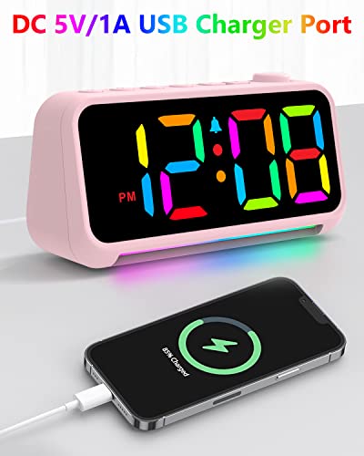 Digital Alarm Clock with LED Large Display USB Charger Port RGB Night Light - Small Desk Clocks for Kids Bedroom Decor Pink