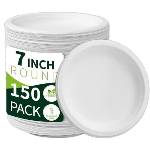 150 Pieces 100% Compostable Paper Plates (White 7inch) Heavy Duty Disposable Plates Eco Plates Made of Sugarcane Fiber Biodegradable Plates for Everyday Dinner, Party, Barbecue