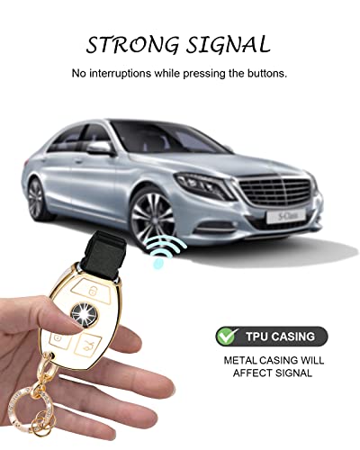 Homaupt for Mercedes Benz Key Fob Cover Compatible with Mercedes Benz C E S M CLS CLK G Class, Soft TPU Keys Shells Protection Case with Bling Ring Car Sticker White