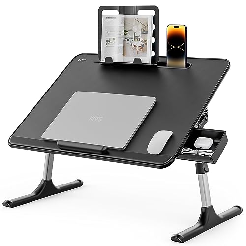 Laptop Bed Tray Desk, SAIJI X-Large Adjustable Laptop Table, Foldable Laptop Desk with Storage Drawer and Bookstand for Eating, Working, Writing, Gaming, Drawing (Black)