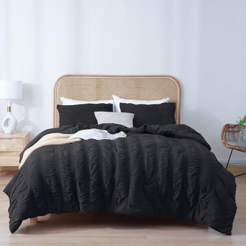 PHF Soft Seersucker Comforter Set Queen Size, 3 Pieces Lightweight Black Bedding Set for All Season, Breathable Comforter Sets with 1 Comforter and 2 Pillowcases