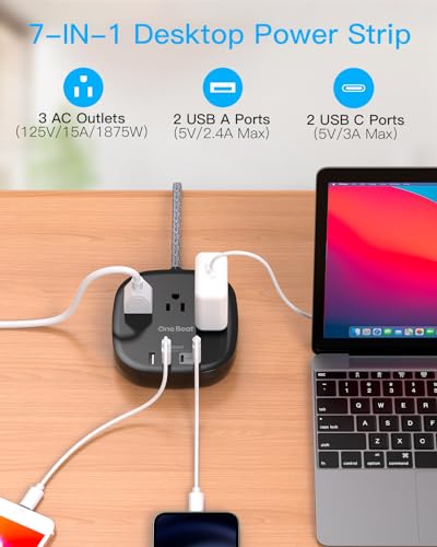 Flat Plug Power Strip, 5ft Flat Extension Cord - 3 Outlets 4 USB Ports (2 USB C) 22.5W/4.5A Desktop Charging Station, Power Strip No Surge Protection for Cruise Ship, Dorm Room Travel Essentials - BK