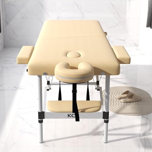 KCC Memory Foam Portable Massage Table, Foldable Tattoo Table Lash Bed Height Adjustable，28 Inchs Wide Home Salon Spa Bed Accessories &Carrying Case，Easy Set Up,Lightweight Aluminium Leg,Beige