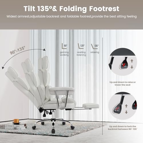 IWMH Big and Tall Leather Office Chair 400LBS, Large High Back Reclining Office Chair with Footrest&Lumbar, Lifting Headrest Ergonomic Desk Chair, Managerial Chair with Wide Seat & Armrests (Black)