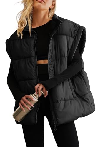 ReachMe Womens Oversized Puffer Vests Stand Collar Puffy Vest Tops Cap Sleeve Quilted Jacket Winter Coats with Pockets (Black,S)