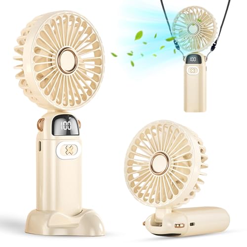 plilogo Portable Fan, Handheld Fan with LED Display, Rechargeable Personal Fan for 15 Hours Cooling, Neck Fan for Outdoor, Small Fan for Travel Camping, Folding Mini Fan with Phone Holder for Office
