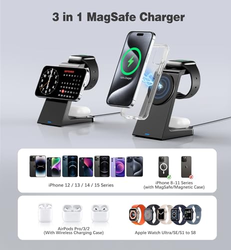 3 in 1 Magnetic Wireless Charging Station Apple 20W Mag-Safe Charger Stand Magnetic Wireless Charger for iPhone 15 14 13 12 Pro/Pro Max/Plus/Mini AirPods 2/3/Pro iWatch Ultra/8/7/SE/6/5/4/3/2