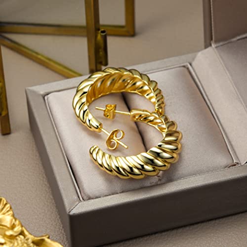 14K Gold Plated Croissant Earrings Twisted Round Hoop Earrings Chunky Hoop Earrings 925 Sterling Silver Post Earrings Huggies with CZ for Women and Gift for Her