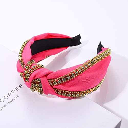 Rhinestone Knotted Headband Sparkle Rhinestone Chain Top Knot Headband for Women Girls White Black Hot Pink Wide Hairband Headpiece Hair Accessories Gift (black rhinestone chain headband)