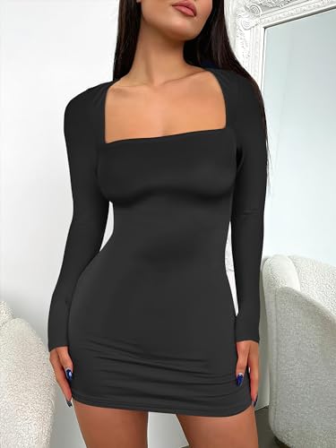 ANRABESS Women Long Sleeve Square Neck Sexy Bodycon Tight Cocktail Party Club Night Formal Short Dress 2024 Going Out Outfits Black X-Small