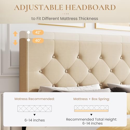 SHA CERLIN Upholstered King Size Platform Bed Frame with 4 Storage Drawers, Adjustable Headboard with Diamond Stitched Button Tufted Design, Wooden Slat Support, No Box Spring Needed, Black