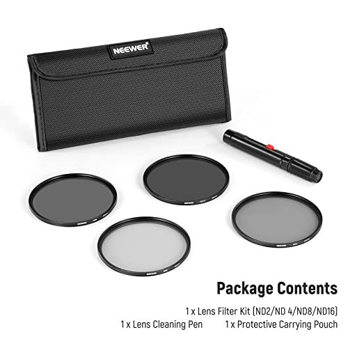 Neewer 49mm ND Lens Filter Kit: ND2 ND4 ND8 ND16, Lens Cleaning Pen, Filter Pouch Neutral Density Filter and Accessory Kit Compatible with Canon Nikon Sony Panasonic DSLR Cameras with 49mm Lens