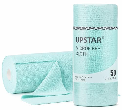 UPSTAR Microfiber Cleaning Cloth, Reusable Paper Towels Rolls, Cleaning Rags for Kitchen, Bathroom, Car, 12x12 inch, 50 Packs/Roll, Blue