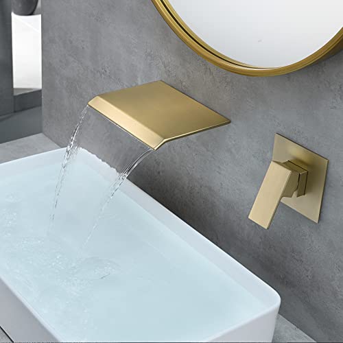 DASAN Wall Mount Waterfall Bathroom Faucet Brushed Gold in Wall Sink Faucet, Single Handle Wall Mounted Modern Faucet for Bathroom with Upgraded Rough in Valve, DA-TFD3BG-NH