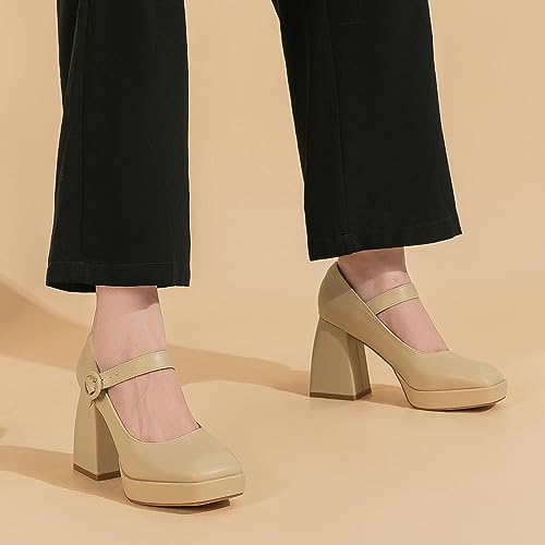 Amoji Women's 4 Inch Platform Heels Mary Janes Closed Square Toe High Chunky Heeled Pump Dressy Shoes for Wedding Party 306 Black Size 6 women