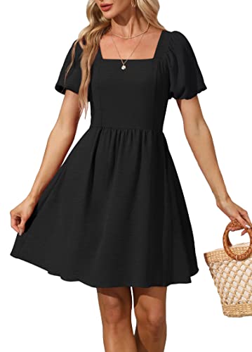 OFEEFAN Blue Dresses for Women Summer Casual Puff Sleeve Square Neck Short Mini Dress Plus Size XXL