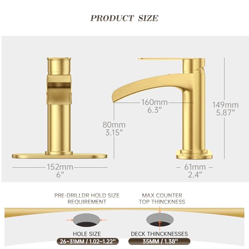 Phiestina Single Handle Waterfall Faucet for Bathroom Sink in Brushed Gold Finish, with 6-Inch Deck Plate,Metal Pop Up Drain Assembly & CUPC Water Supply Lines,NS-SF01-BG