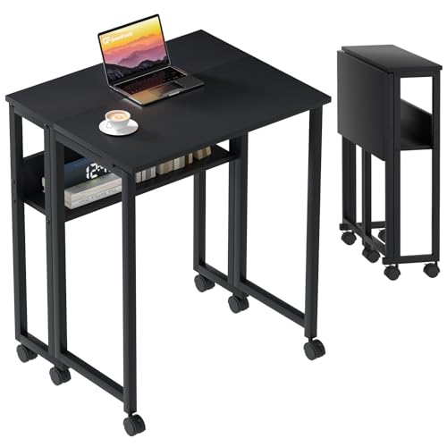 GreenForest Folding Desk Small Foldable Table with Storage Shelf,24.8 inch Rolling Computer Desk with Wheels Space Saving for Bedroom Home Office,Easy Assembly,Black