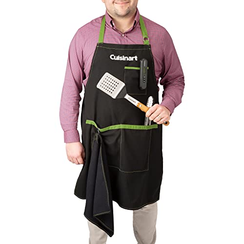 Cuisinart CFA-156 BBQ Apron and Magnetic Towel Set, Adjustable Grill Apron with Large Front Pockets